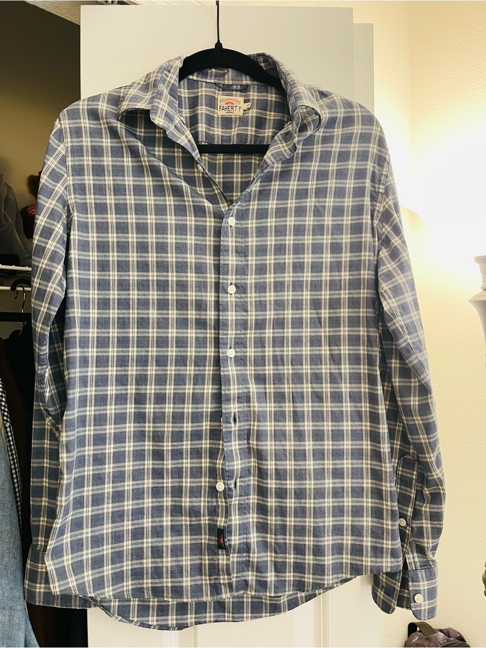 Faherty Blue and White Plaid Casual Button-Down Shirt